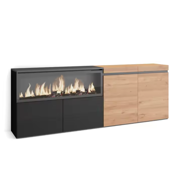 Skraut Home, Aparadores, salón, Fuego Led XXL led efecto fuego 3d, Veteado de madera, 208x35x75cm, Color roble y negro - 1