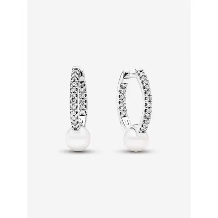 Pandora - Pendientes de aro con perla cultivada de agua dulce tratada y pavé - Plata de ley - 1