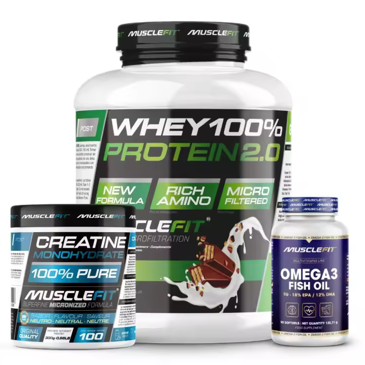 Pack Proteína WHEY 2kg + Creatina 300g + Omega 3 90cáps - Musclefit Avance Muscular│Mas musculos│Vitaminas - 1