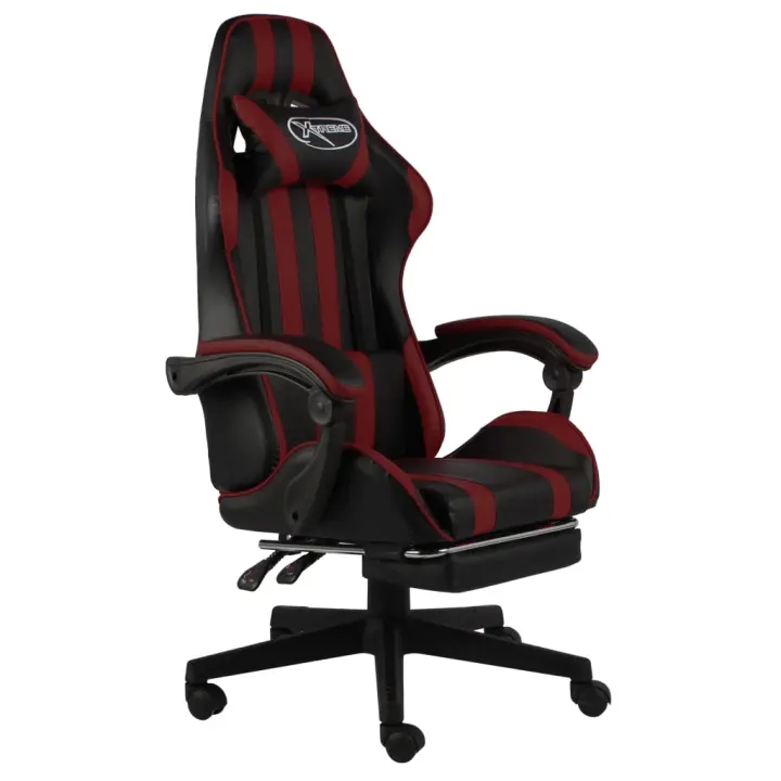 vidaXL Silla gaming con reposapiés cuero sintético negro y rojo tinto - 1