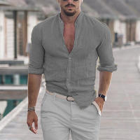 Camisa De Algodón Y Lino Para Hombre Cuello Mandarin Manga Larga Suéter Casual Primavera Otoño Moda Top Libre Talla - details 3