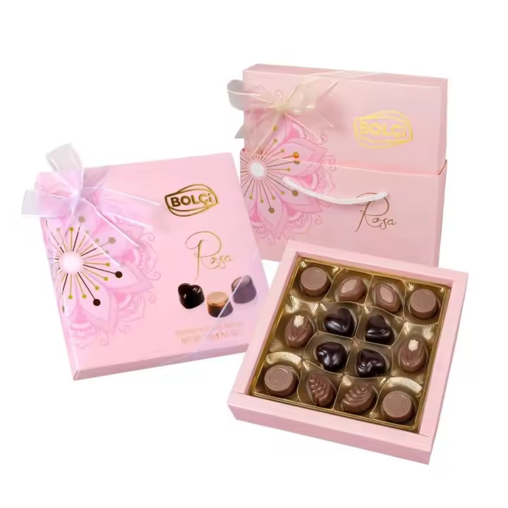 Bombones de Praliné Bolçi surtidos de 130 gr. en color rosa con bolsa de regalo a juego - Deliciosos chocolates variados para regalar - 1