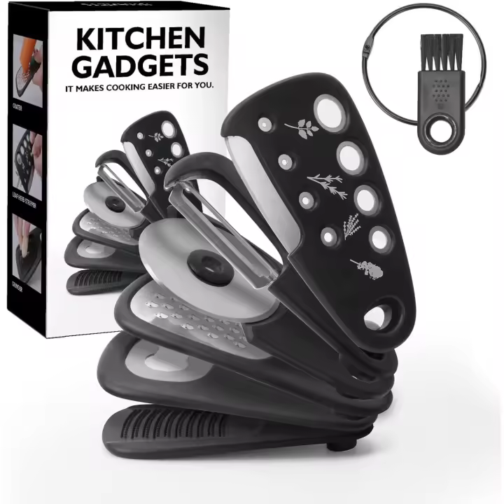 BIT Juego de utensilios de cocina de 6 piezas, herramientas de cocina que ahorran espacio, accesorios de acero inoxidable, rallador, cortador de pizza, pelador de verduras, cuchillo para pelar, triturador de ajo, caja de regalo - 1