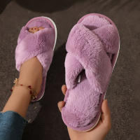 Pantuflas De Casa Para Mujer Con Tela De Peluche CrissCross Y Suela Suave Open Toe Fuzzy Caliente Invierno Pantuflas Cómodas Para Interno - details 20