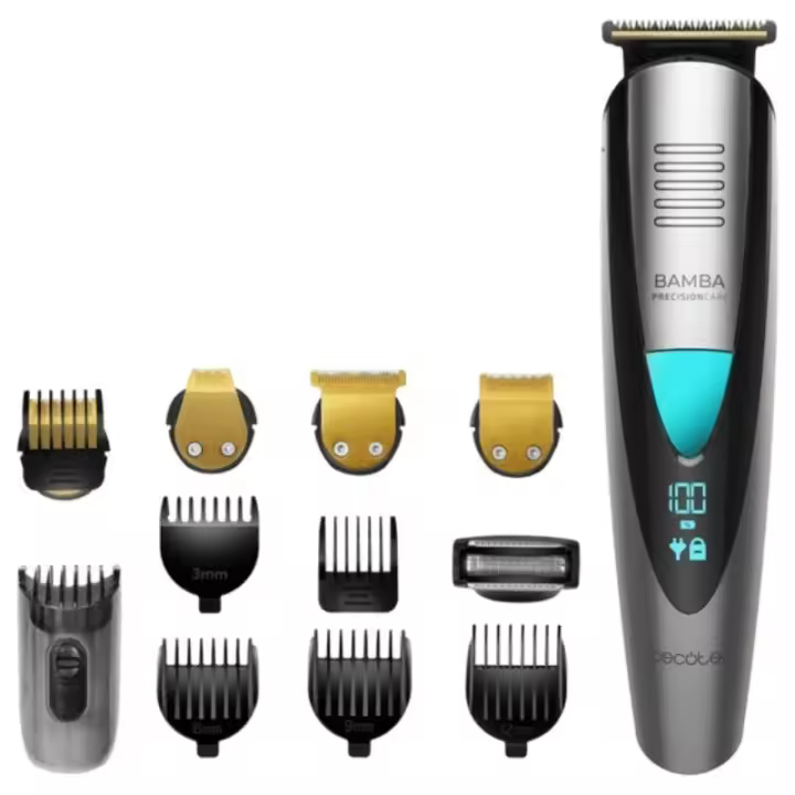 Bamba PrecisionCare 5-in-1 multifunctional trimmer with titanium coating, waterproof design, 60-minute battery life, digital display, adjustable hair and beard attachments for men's grooming, rechargeable and cordless for versatile use. - 1