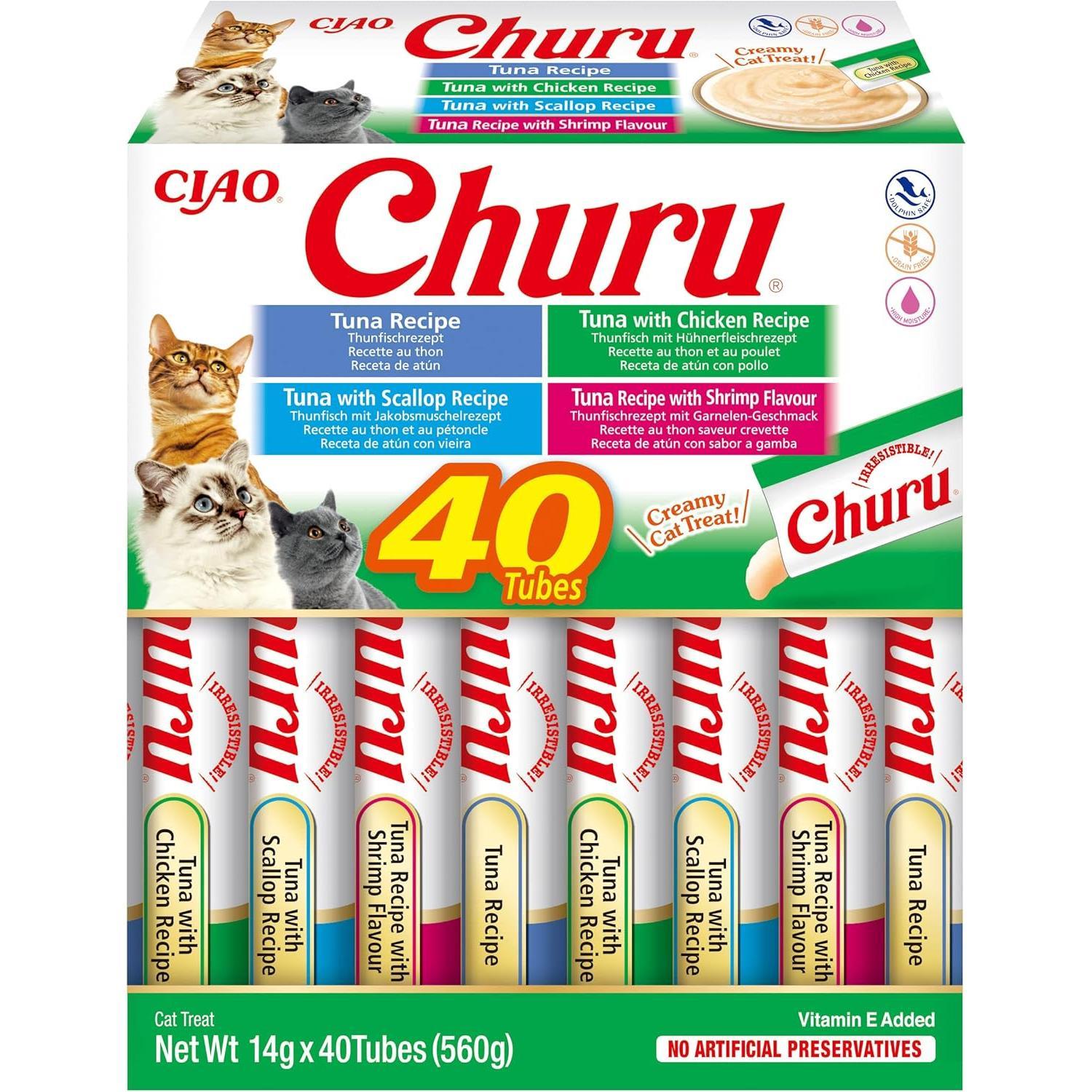 INABA Churu Box - Premios para Gatos - Snacks Saludables a Base de Atún, Varios Sabores - Textura Cremosa - Sin Cereales, Conservantes, Colorantes - 40x14g