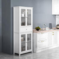HOMCOM Alacena de Cocina Mueble Vitrina con 4 Puertas de Vidrio Templado Cajón y Estantes Ajustables para Salón Comedor 74x35,5x181,5 cm Blanco - details 1