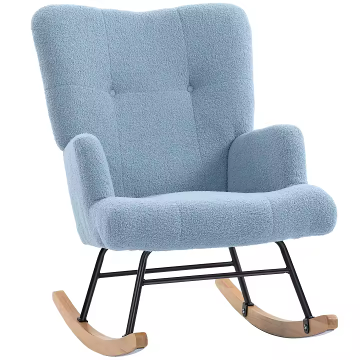 HOMCOM Silla Mecedora, Mecedora de Terciopelo de Teddy con Respaldo Alto, Patas de Madera de Caucho, Reposabrazos, Estilo Moderno, Sillón de Lactancia, Carga 120 kg, para Dormitorio, Salón, Azul Claro - 1