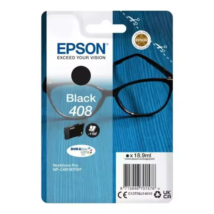 Epson - Cartucho de tinta negro Durabrite Ultra 408 de 18,9 ml para impresoras WorkForce Pro WF-C4310DW y WF-C4810DTWF, hasta 1100 páginas - 1