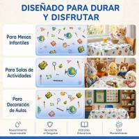 Tela para Mantel Algodón y Poliéster con Acabado de Resina, Diseño Escolar con Globos Terráqueos, Paletas, Lápices y Mochilas - details 1