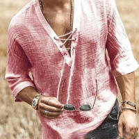 Camisa De Hombre Casual Verano Sin Capucha V-Neck Con Cordones Color Sólido Tres Cuartos Manga Cuello V De Encaje Para Comercio Exterior - details 0