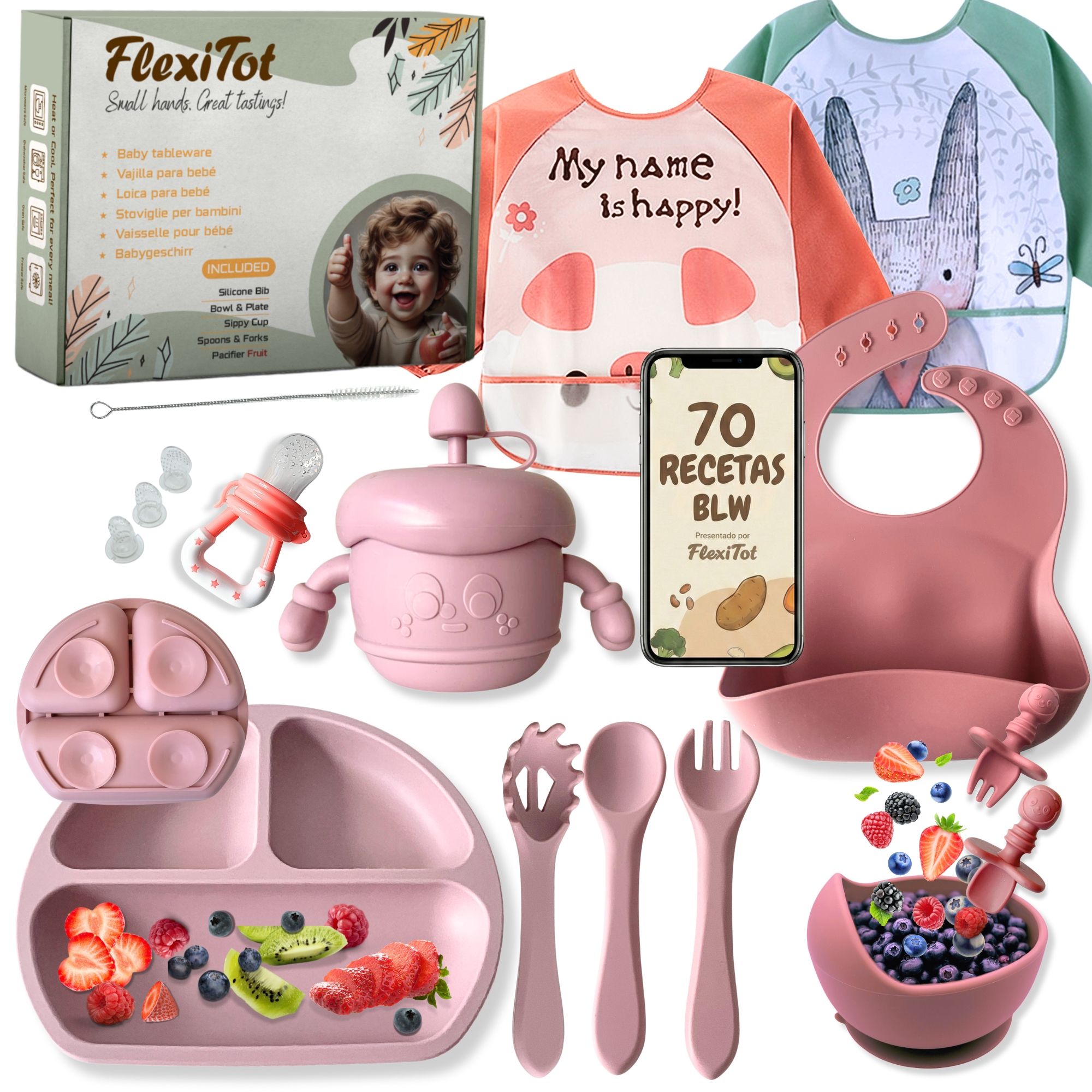 Vajilla silicona bebé antideslizante | Guía Digital 70 recetas BLW | 2 Baberos con mangas, platos silicona con ventosa, cuenco, vaso, cubiertos y chupete fruta, Rosa