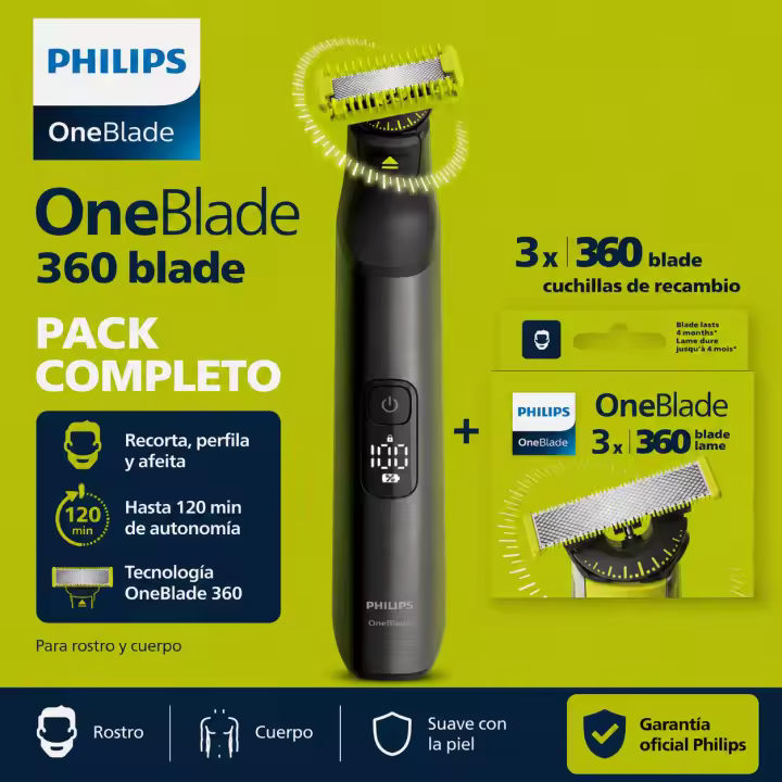 Philips OneBlade Pro 360 Afeitadora Eléctrica para Rostro y Cuerpo + Pack 3 Cuchillas de Recambio 360 Originales | Producto Europeo con Garantía Oficial - 1