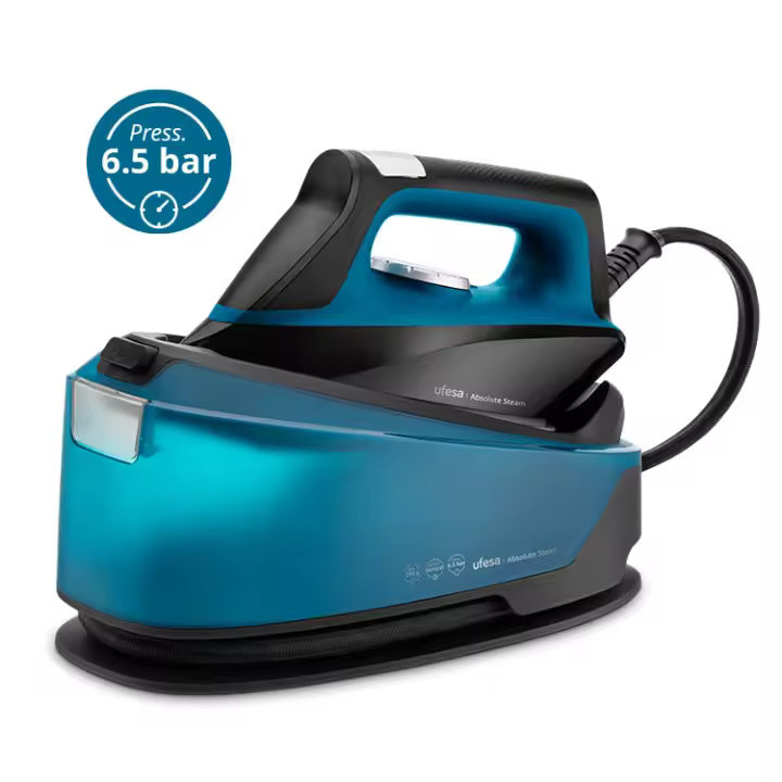 Ufesa - Centro de planchado Absolute Steam con 2400W y 6.5 bares de presión para planchado vertical y horizontal, golpe de vapor 290g/min y depósito de 1.2L, sistema antical y suela cerámica - 1