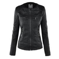Chaqueta De Cuero Sintético Para Mujer Estilo Motociclista Con Capucha Negro Otoño-invierno Cierre De Cremallera Largo Regular - details 4