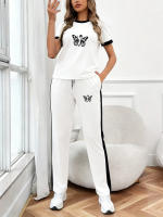 Conjunto De Camiseta Y Pantalones De Mujer Estilo Casual Con Diseño De Mariposa Corto Y Cómodo Para Primavera Y Verano Ropa Campus Callejera Romántica Con Cuello Redondo Y Pierna Recta - details 0