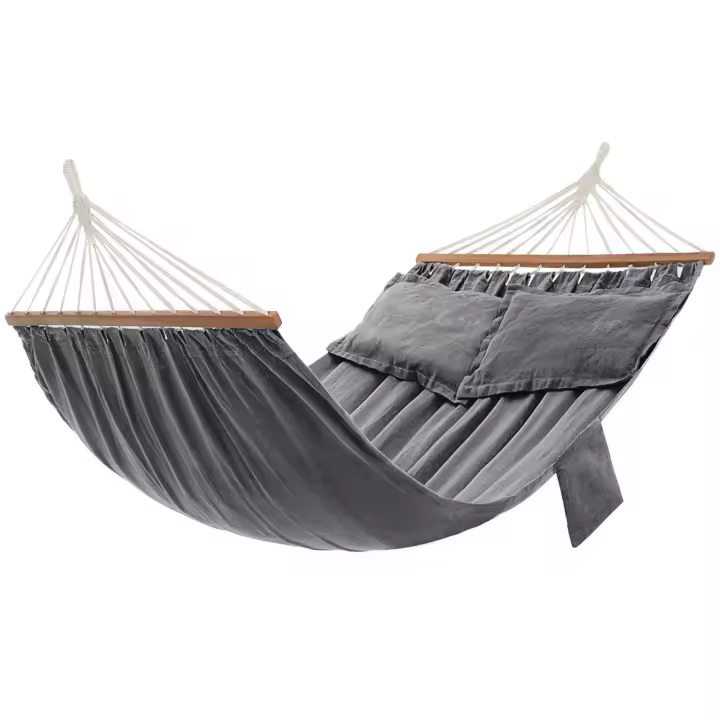SONGMICS Hamaca, Hamaca de exterior, Cama columpio, 2 barras de madera, con 2 almohadas, Capacidad de Carga 300 kg, 210 x 150 cm, Gris - 1