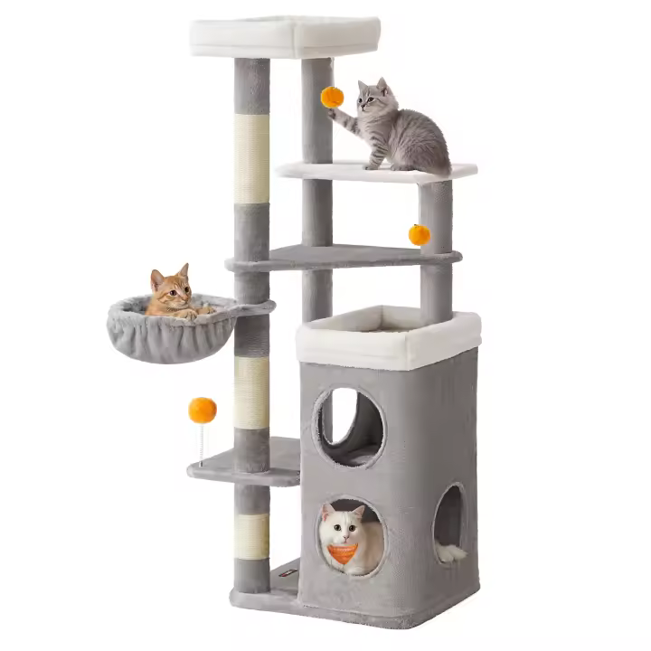 Feandrea Árbol Alto para Gatos, Altura de 152 cm, Rascador Multinivel con 2 Cuevas Grandes, una Hamaca, 3 Columnas para Arañarse, 3 Plataformas, Gris Paloma/Gris Oscuro - 1
