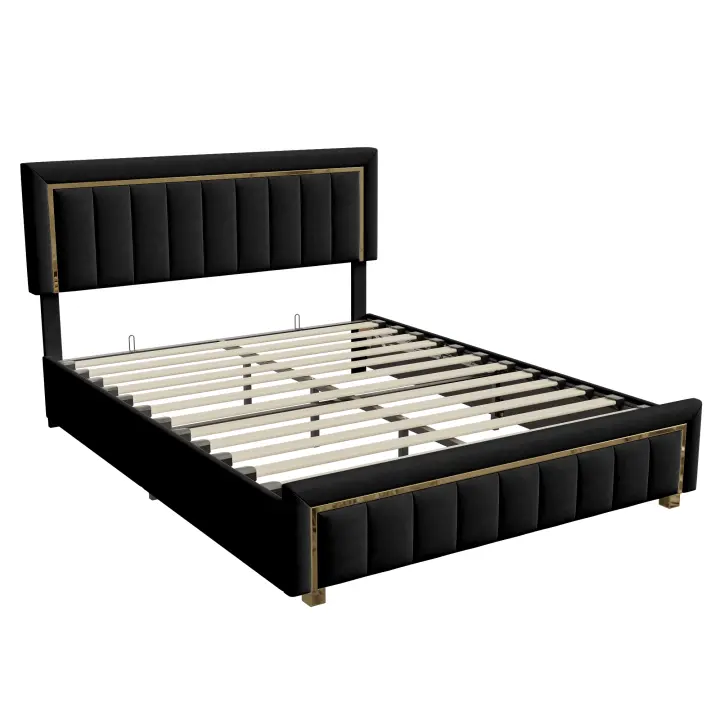 Cama tapizada de lujo Superaly, combinación de colores clásica en negro y dorado, cama doble, estructura de cama hidráulica, ideal para apartamentos con dormitorio, sin colchón, terciopelo. - 1