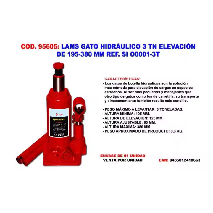 Lams gato hidráulico 3 tn elevación 195-380 mm ref. si o0001-3t - 1