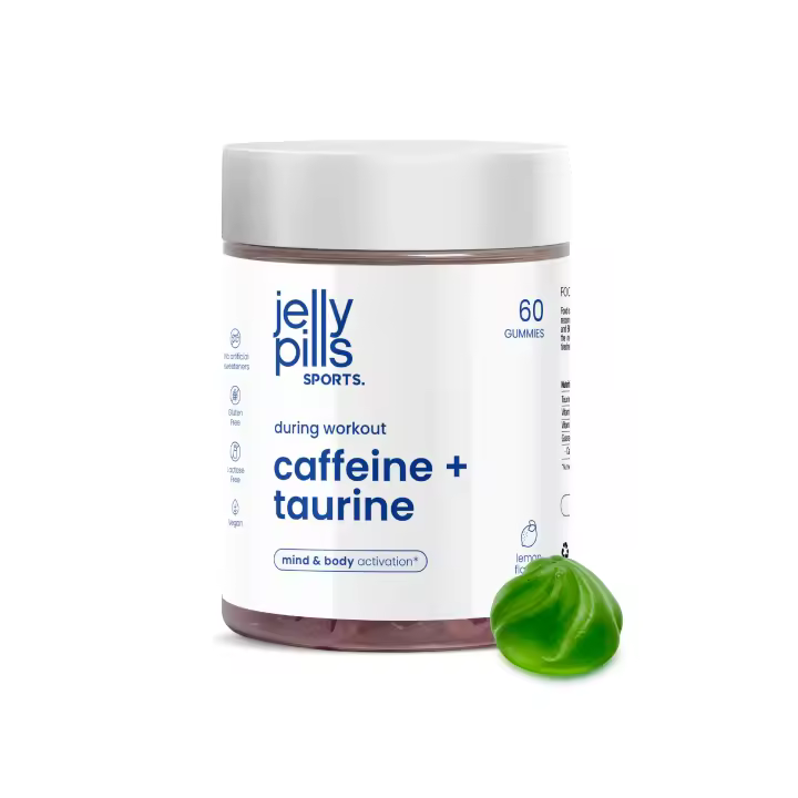 Gominolas de Cafeína con Taurina y Guaraná - Energía y Enfoque Mental - 60 Gummies Veganas - Sin Azúcares Añadidos - Sabor Limón Natural - Rendimiento Deportivo - Jelly Pills Sports - para 1 mes - 1