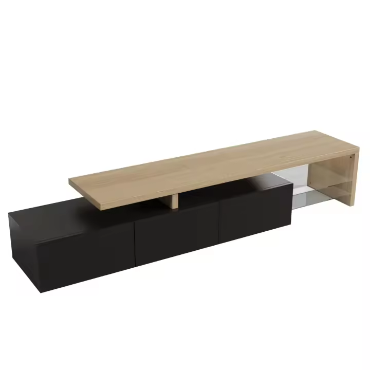 Mueble de TV LED negro brillo con almacenaje oculto, estantes de cristal y diseño moderno en madera – mesa TV elegante para salón - 1