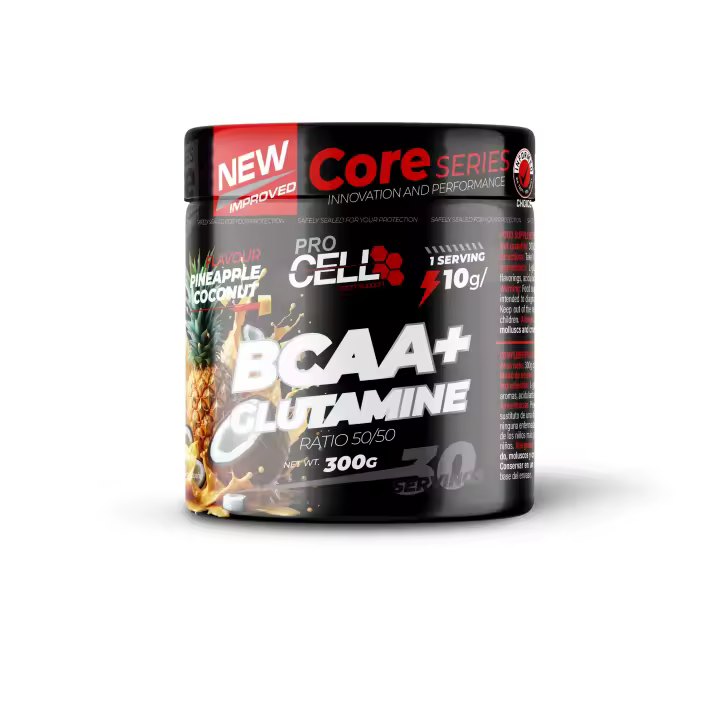 BCAA+GLUTAMINE CORE 300 gr Procell Sport - Aminoácidos ramificados y Glutamina - Aumenta Masa Muscular y Mejora Recuperación con BCAA 2:1:1 y Glutamina (Sabor Piña-Coco) - 1
