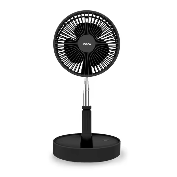 Ventilador inalámbrico portátil Jocca plegable y telescópico, sobremesa o pie, altura regulable 36-97,5 cm, mando a distancia, 4 modos de viento, autonomía 24 h, compacto y fácil de transportar, ideal para hogar y oficina, color negro o blanco. - 1