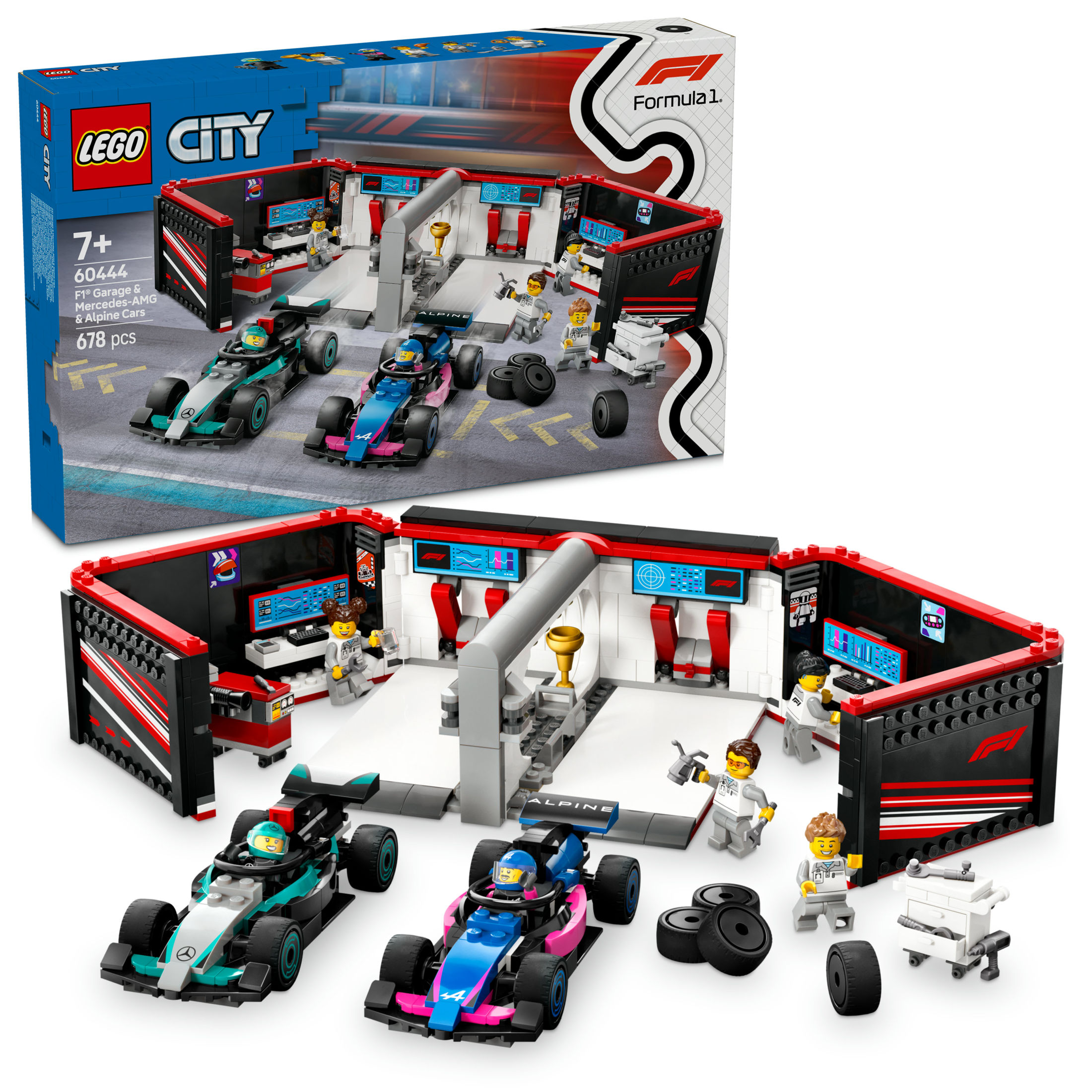 LEGO 60444 City Garaje de F1 con Coches Mercedes-AMG y Alpine, 2 Maquetas de Vehículos de Fórmula 1 de Juguete y 2 Minifiguras de Pilotos y 4 Mecánicos, Regalo para Niños y Niñas de 7 Años o Más