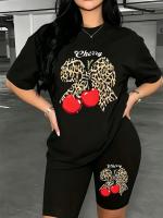 Conjunto Casual De Dos Piezas Para Mujer Con Estampado De Leopardo Y Cerezo Talla Grande Estilo Americano Ropa De Calle - details 0