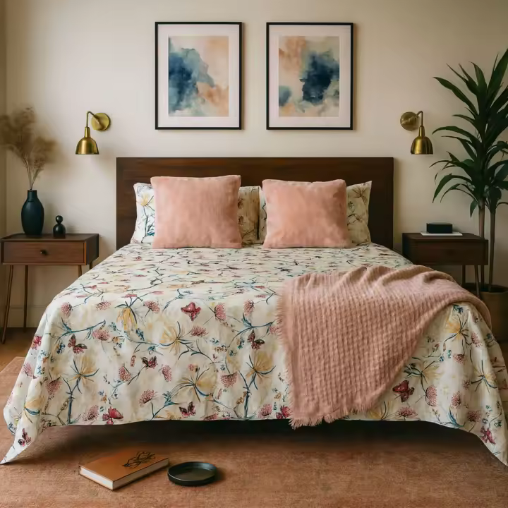 Juego de Sábanas 3/4 Piezas Alo Home 100% Algodón- 144 Hilos Flores y Mariposas – Cama 90, 135 y 150 cm - 1