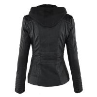Chaqueta De Cuero Sintético Para Mujer Estilo Motociclista Con Capucha Negro Otoño-invierno Cierre De Cremallera Largo Regular - details 3