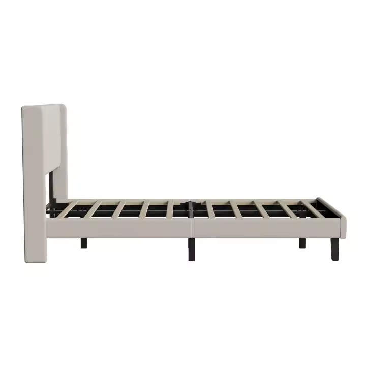 Cama individual 140x200 cm tapizada en lino beige con cabecero acolchado, somier de láminas y estructura metálica reforzada - 1