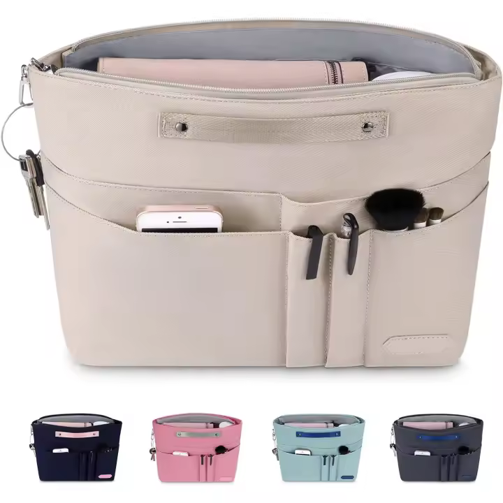 Organizador de bolsos para bolsos, organizador de bolsos de mano con cremallera para mujer, organizador de bolsos con forro interior y 15 bolsillos, beige, M - 1