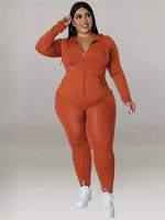 Traje De Dos Piezas Para Mujer Talla Grande Con Capucha Y Cierre De Cremallera Casual Con Bolsillos Estilo Slim Material Poliéster Y Elástico - details 7