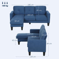 HOMCOM Sofá Chaise Longue Reversible, Sofá de 3 Plazas en Forma de L, Tapizado en Chenilla, Asiento y Respaldo Acolchados, Estructura de Acero, 186x130x84 cm, Azul - details 2