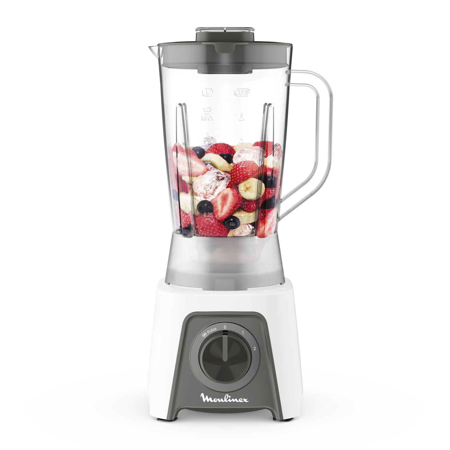 Moulinex Blendeo+, Batidora de vaso de 450 W, Jarra de 1,5 L, 2 velocidades + función Pulse, Pica hielo, Duraforce Label, Sistema de bloqueo inteligente, Cuchillas extraíbles, Blanca, LM2C0110