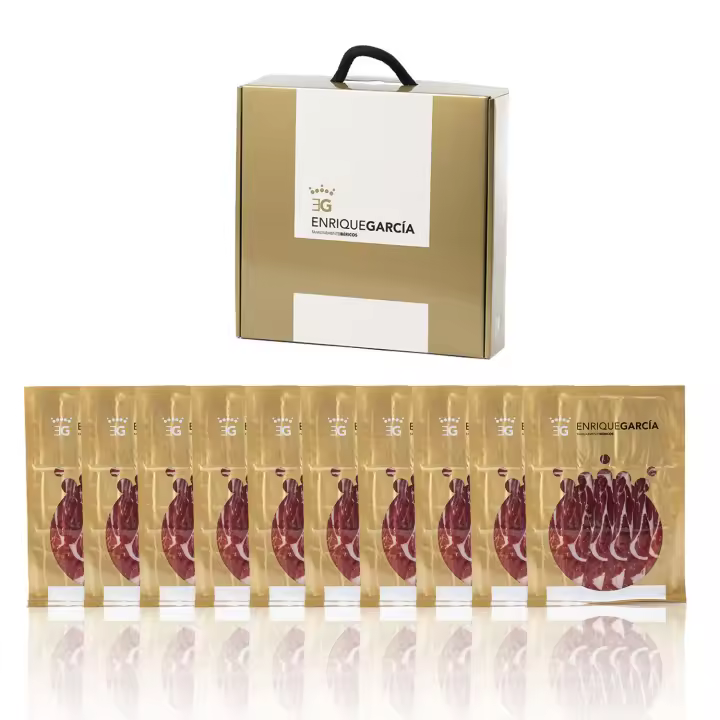 Jamón de Bellota 100% Ibérico, 10 Sobres Envasados al Vacío de 100 g aprox., Corte a Máquina, Caja Regalo – Enrique García - 1