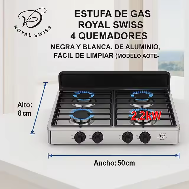 COCINA - ESTUFA DE GAS - PORTATIL - FACIL DE USAR - TRANSPORTAR - MARCA ROYAL SWISS - 4 QUEMADORES - 1