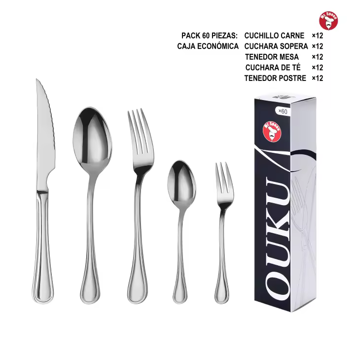 Mr.Spoon Serie Raya Juego de 60 o 72 piezas cubiertos,Acero Inoxidable18/0,Plateado,Económico y funcional,Incluye cuchillo de carne o mesa,tenedor,cuchara,cucharilla,etc.Mango monobloque,Apto para lavavajillas,Empaque ecológico,Para casa,hotel,restaurante - 1