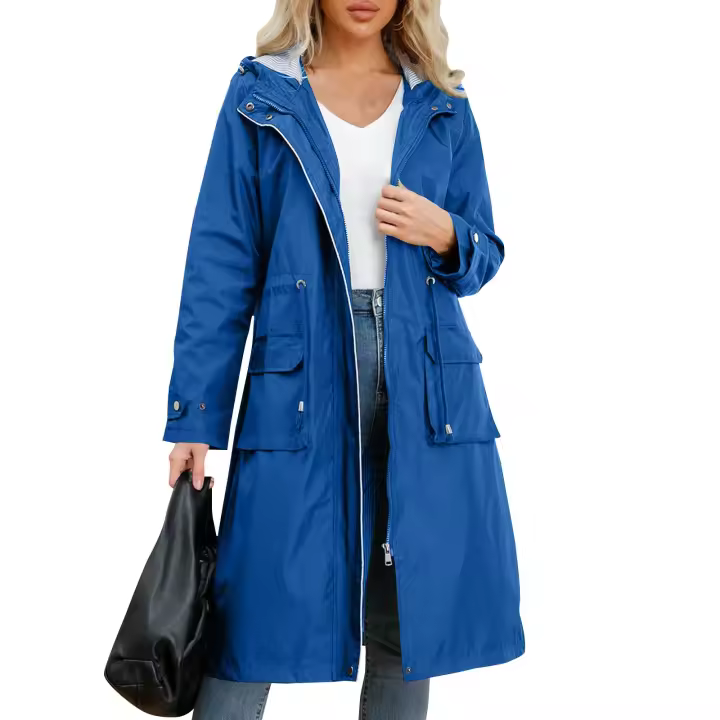 Chaqueta De Trench Para Mujer Con Capucha Y Mangas Largas De Color Sólido Estilo Británico Elegante Con Rayas Y Sombrilla Protección Contra El Viento - 1