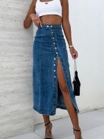 Falda Larga De Color Sólido Con Botones Cintura Alta Y Abertura Para Mujer Estilo Elegante Versátil Para Salida De Citas Y Trabajo Primavera Denim - details 0