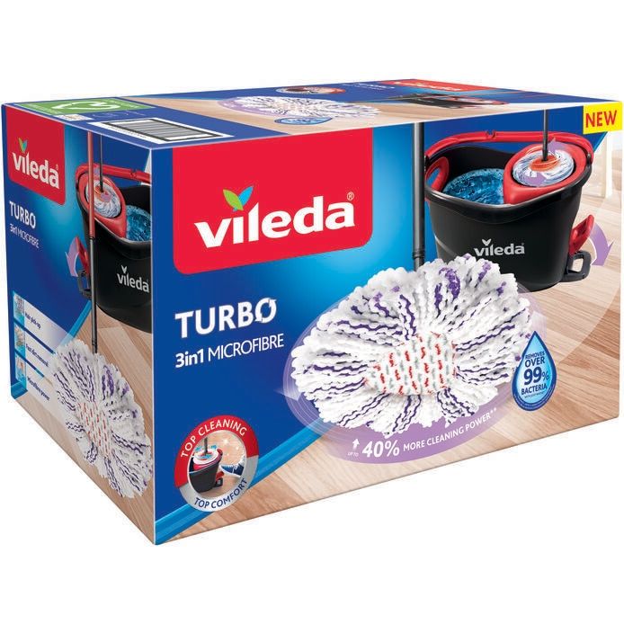 Vileda | Sistema Turbo 3en1 I Set de fregona giratoria y cubo con pedal I Mango telescópico 85 -123 cm I Cabezal de microfibra I Sostenible I Limpia la suciedad díficil