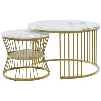 Set de 2 Mesas de Centro Nido Redondas, 80/60 cm, Tablero Blanco Efecto Mármol, Estructura Metálica Dorada, Mesas Auxiliares Modernas para Salón - details 0