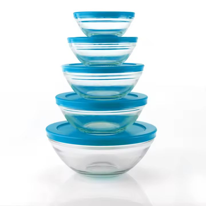 Set Jocca de 5 boles de cristal con tapa antigoteo en varios colores, de distintos tamaños, apilables y aptos para el microondas - 1