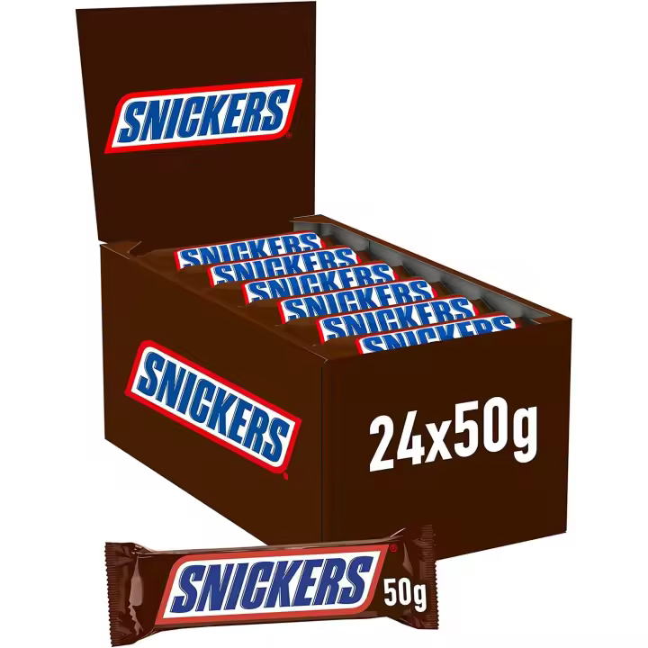 Snickers Barrita de Chocolate con Crema de Cacahuete, Caramelo y Cacahuetes recubierta de Chocolate con Leche 50 gramos - Estuche de 24 unidades - 1