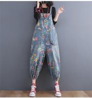 Traje De Mujer Estilo Callejero Floral Impresión Denim Con Tirantes Dungarees Rompers Cargo Pantalones Anchos De Pierna Pantalones De Sobrero - details 1