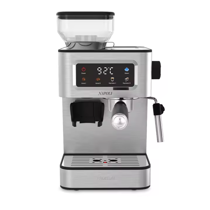 PRIXTON Cafetera Espresso Napoli con Molinillo Integrado 22 Niveles, 20 Bares, 1350W, Filtro de Doble Salida, Vaporizador ajustable, Compatible con Café en Grano, Molido y Cápsulas - 1