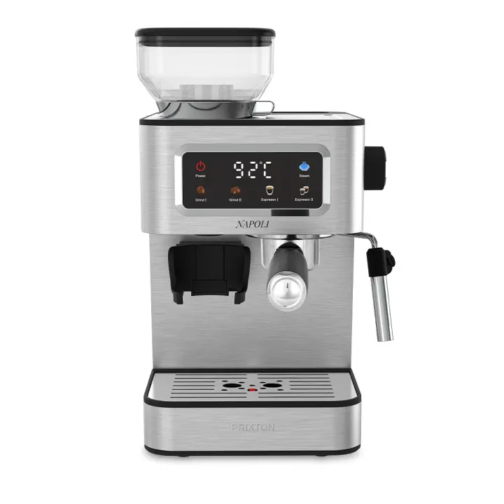 PRIXTON Cafetera Espresso Napoli con Molinillo Integrado 22 Niveles, 20 Bares, 1350W, Filtro de Doble Salida, Vaporizador ajustable, Compatible con Café en Grano, Molido y Cápsulas - 1