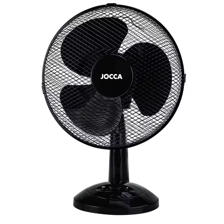 Ventilador Jocca de sobremesa de 12', con sistema de oscilación, cabezal reclinable, 3 velocidades, 30 cm de diámetro, 40W de potencia y disponible en blanco junto a dos colores azules y un elegante color negro - 1